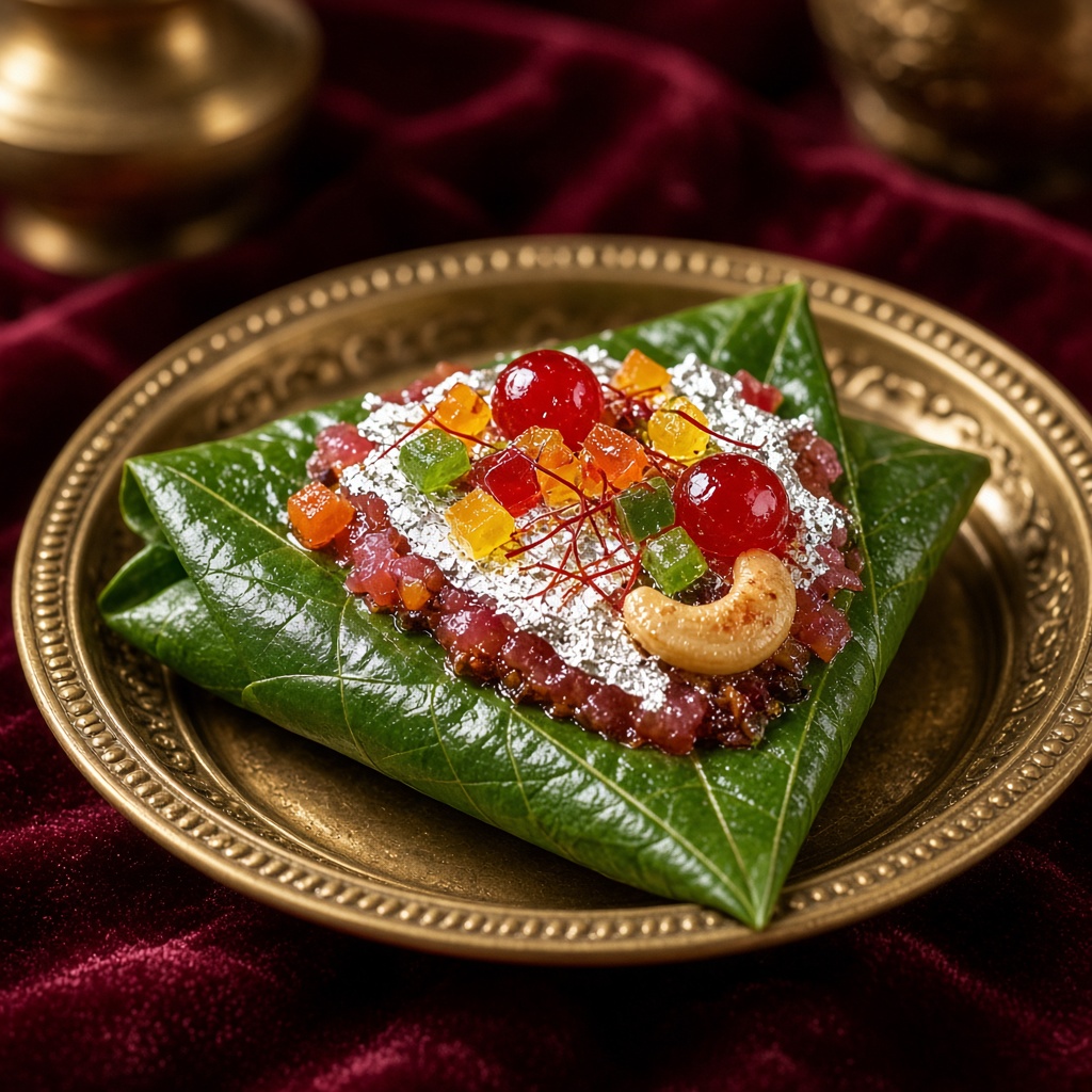 Royal meetha paan with gulkand, cherries, tutti frutti, cashew and silver varq on a brass plate