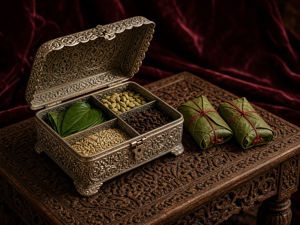 Antique silver paandaan with betel leaves, cardamom, cloves and fennel beside folded paan