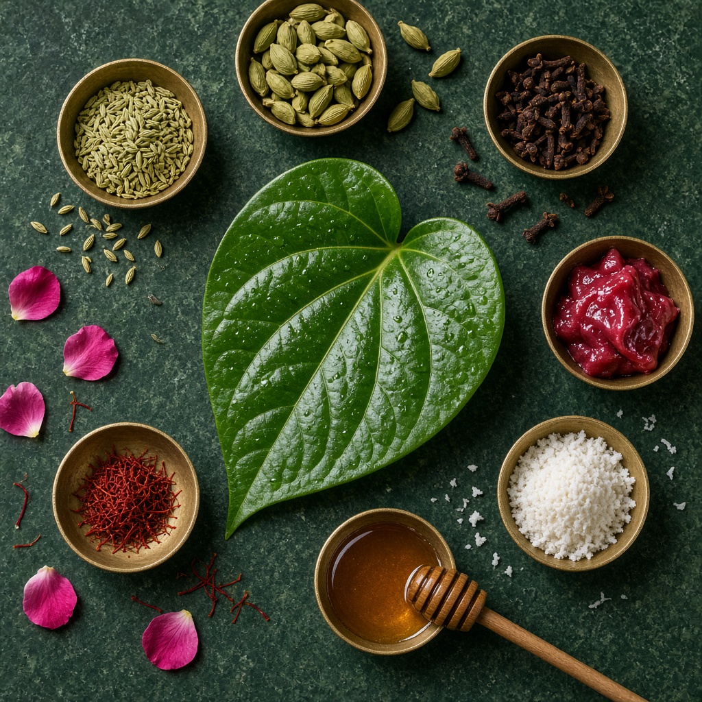 Fresh betel leaf surrounded by fennel, cardamom, cloves, gulkand, coconut, honey and saffron