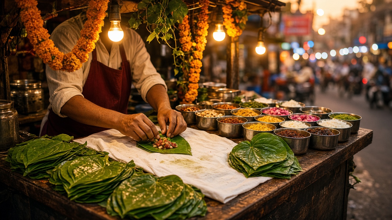 Paanwala folding fresh betel leaves at the counter